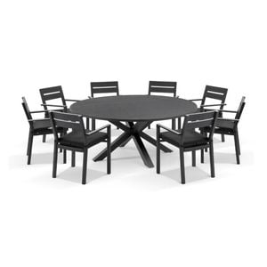 Houston Outdoor 1.8m Round Aluminium Dining Setting Charcoal With 8 Santorini Chairs & Denim Grey Cushions