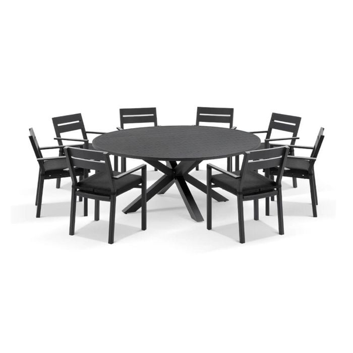 Houston Outdoor 1.8m Round Aluminium Dining Setting Charcoal With 8 Santorini Chairs & Denim Grey Cushions
