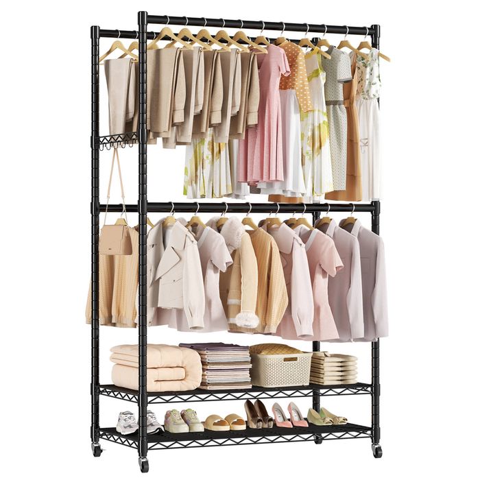 Ufurniture Clothes Rack with Adjustable Shelves & 4 Hanging Rods Black