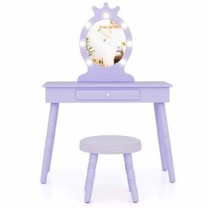 Costway Kids Vanity Set Princess Makeup Dressing Table & Stool Purple