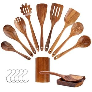 Catzon 11Pcs Wooden Cooking Utensils Set for Cooking with Holder and Spoon Rest