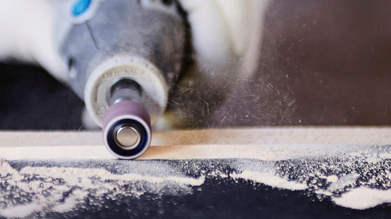 Precision sanding tip on a Dremel rotary tool.