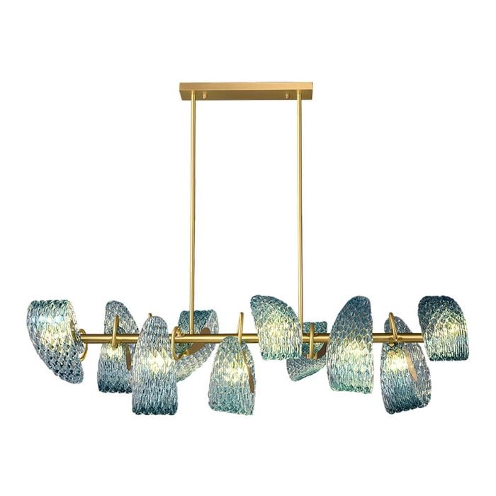 LumenSphere Aquaflow 10-Light Bar Pendant - Brass Finish, Aqua Glass, Brass Frame, G9 Base