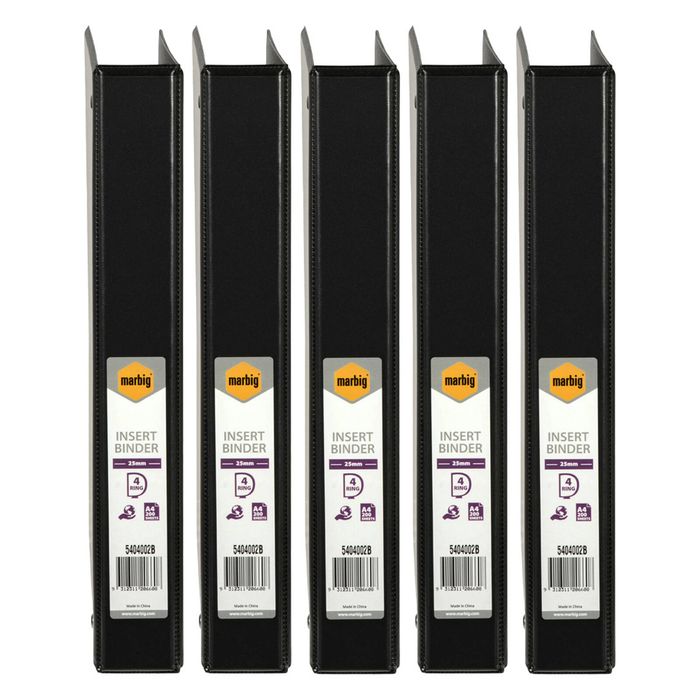 5x Marbig Clearview 4 D-ring Insert Binder A4 File 25mm Document Organiser Black