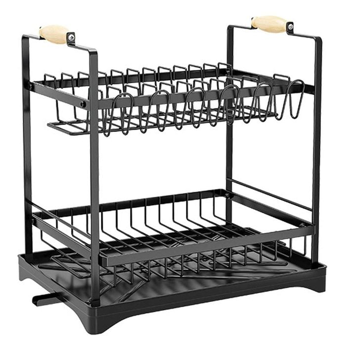 CARLA HOME 2-Tier Large Dish Drying Rack with Drainboard, Utensil Holder, Glass Hooks & Cutlery Storage (Black)