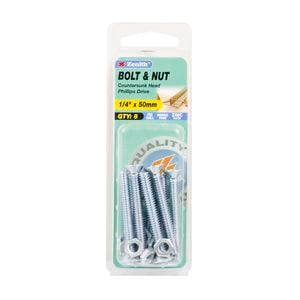 Zenith 1/4" x 50mm Zinc Plated Countersunk Bolt And Nut - 8 Pack