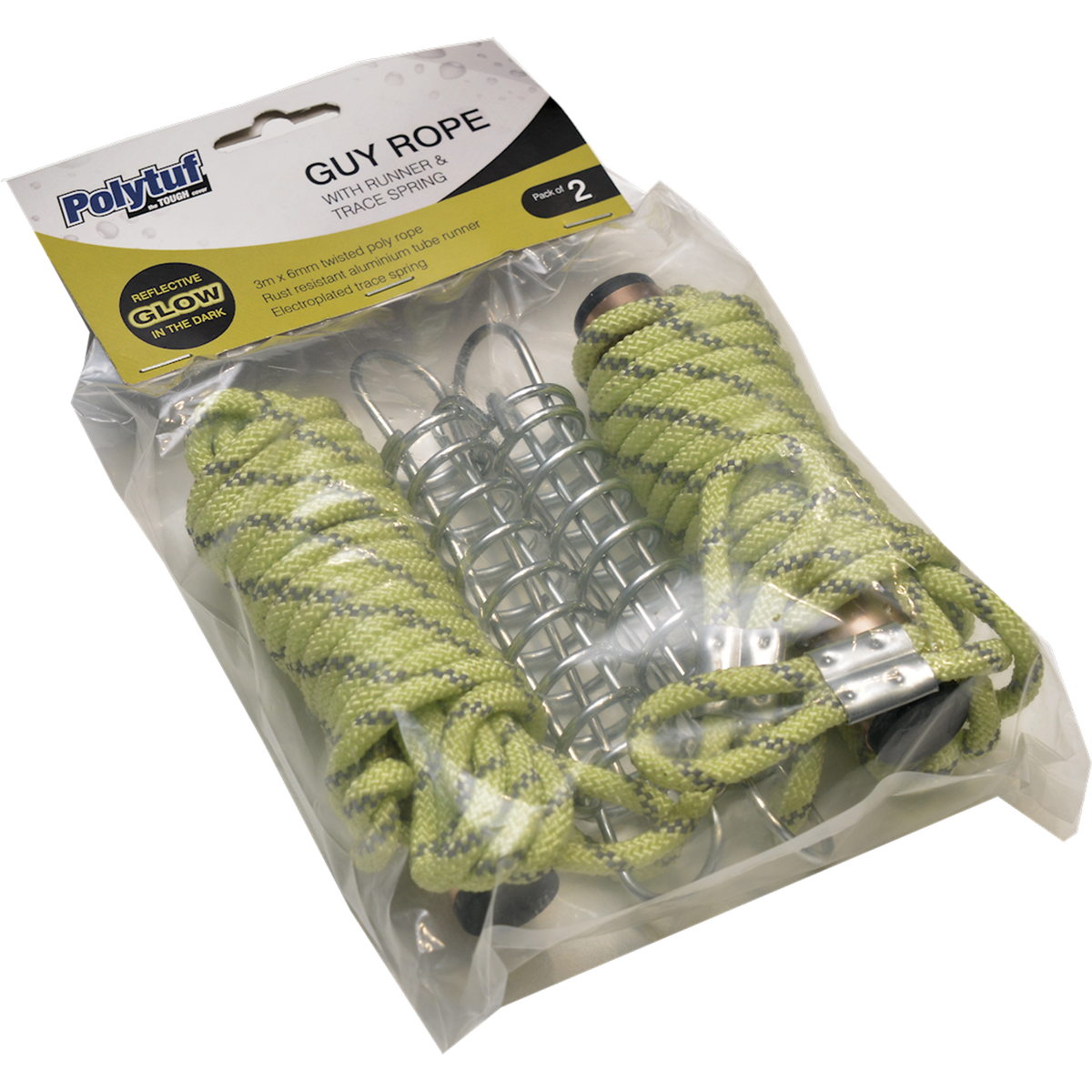 Polytuf 3m x 6mm Reflective Glow In The Dark Guy Rope with Spring 2 Pack Bunnings Australia