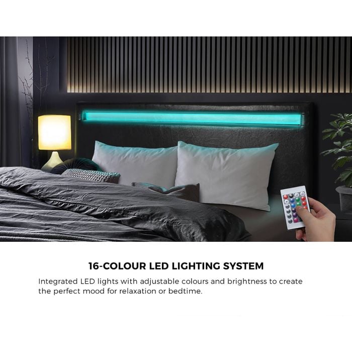 Oikiture Bed Frame Gas Lift RGB LED Black MARC- Queen