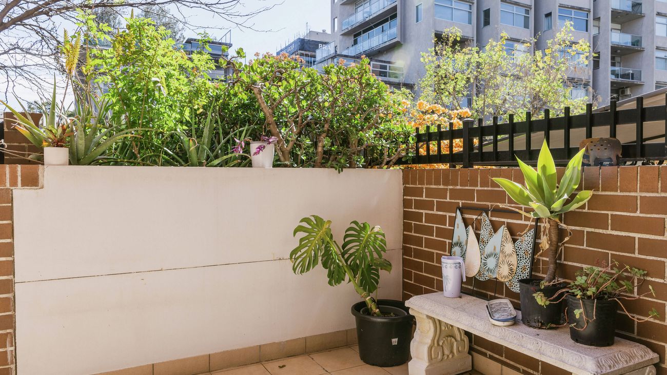 Renter-friendly balcony garden with planter boxes, trellises and potted flowers.