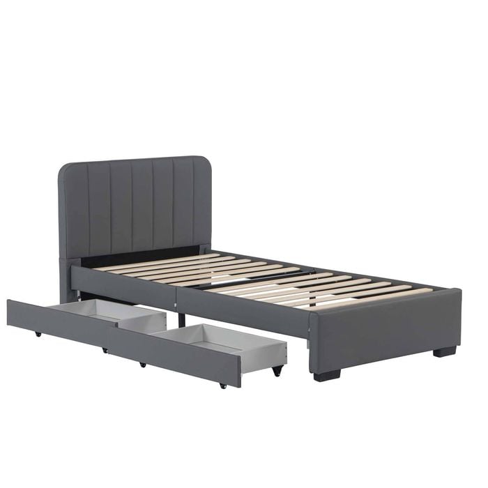 Bellos Living Faux Leather Bed With 2 Storage Drawers In Grey Single