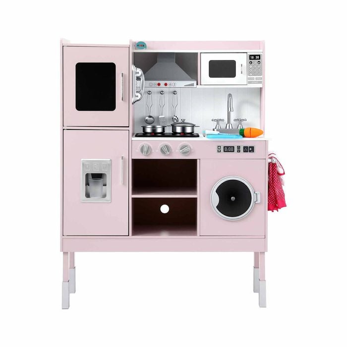 Keezi Wooden Play Kitchen Pretend Toy With Apron Food Set 102cm Pink