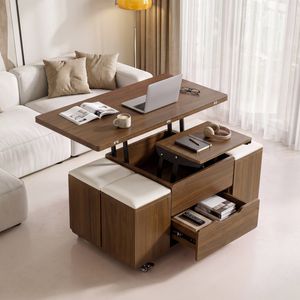 Fittro 3-in-1 Lift-Top Foldable Coffee Table with 4 Hidden Chairs, Dining Table & Work Desk, Walnut