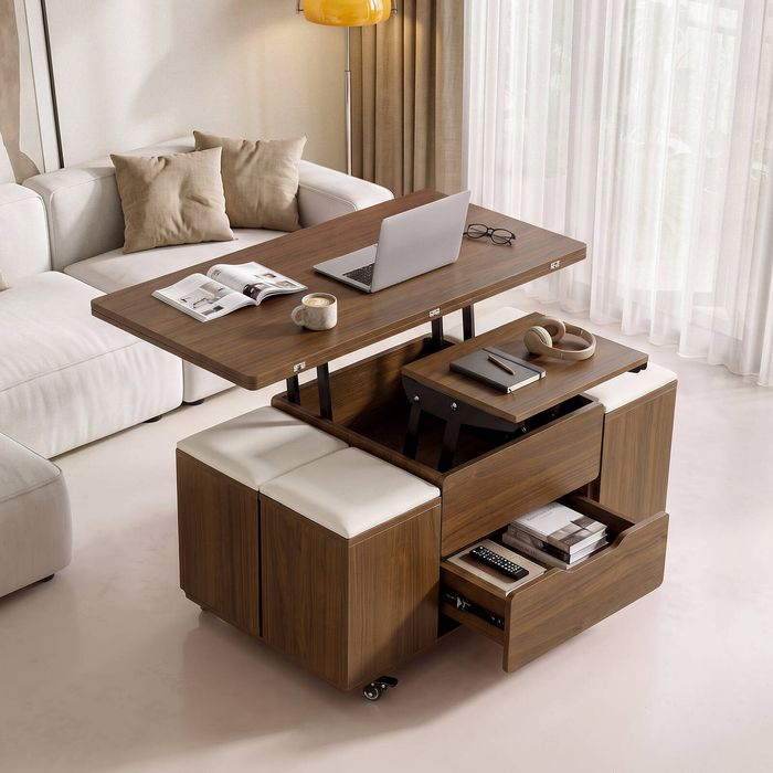 Fittro 3-in-1 Lift-Top Foldable Coffee Table with 4 Hidden Chairs, Dining Table & Work Desk, Walnut