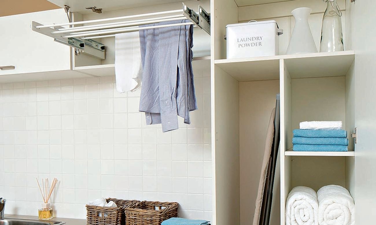 Laundry with overhead drying rack
