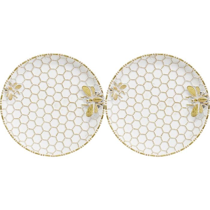2PK LVD Resin Honeycomb Bee Round Trinket Dish Display Tray 14cm Gold/White