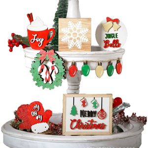 P&P Multicolour Wooden Christmas Tiered Tray Farmhouse Decor Set 7 Piece Tabletop Display