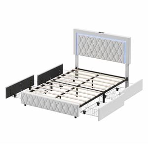 Ufurniture Led Bed Frame Double Size With 4 Storage Drawers And Charging Velvet Button Tufted