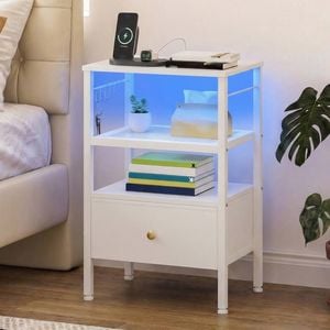 Advwin Bedside Table with Charging Station and LED Lights Adjustable Fabric Drawer White