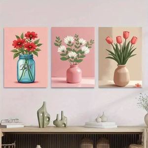 3pcs Flower Vase Designs in Blue Pink and Beige Print 100% Australian Made 3 x 40x60cm (Metal Print)