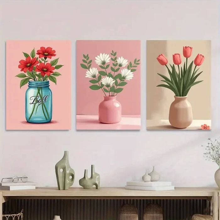 3pcs Flower Vase Designs in Blue Pink and Beige Print 100% Australian Made 3 x 40x60cm (Metal Print)