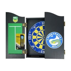 NRL Dartboard and Cabinet Set Paramatta Eeels Team Design Black Finish