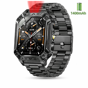 Smart Watch 1400mah Battery Outdoor Fitness Tracker Ip68 Waterproof Bluetooth Call Sos Flashlight Steel Black