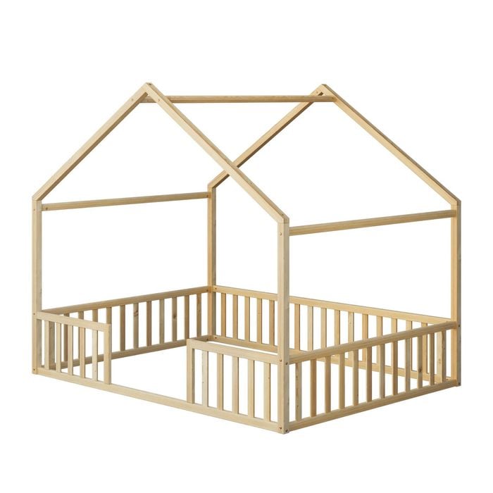 Oikiture Double House Bed Kids Wooden Bed Frame Natural