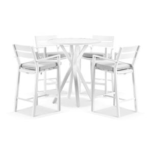Houston Outdoor 90cm Round Aluminium Bar Table White With 4 Santorini Stools & Textured Olefin Grey Cushions