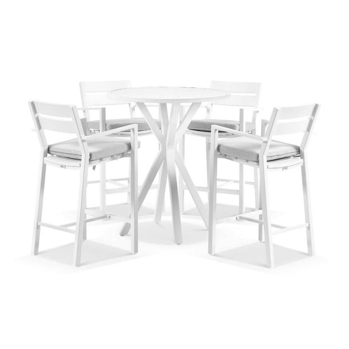 Houston Outdoor 90cm Round Aluminium Bar Table White With 4 Santorini Stools & Textured Olefin Grey Cushions