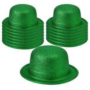 12x GLITTER BOWLER HAT Fancy Party Plastic Costume Cap Fun Dress Up Sparkle BULK Green