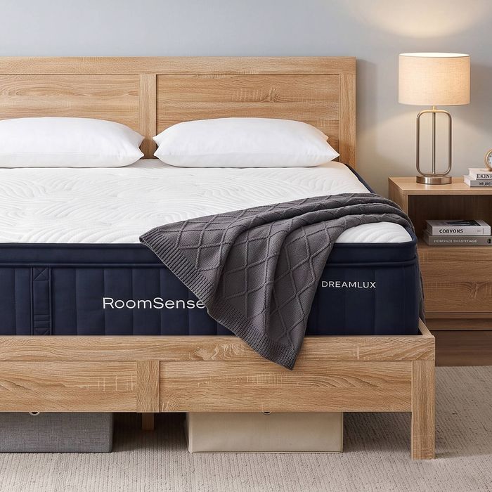 RoomSense Queen 34cm Medium Gel Memory Foam Mattress Bundle Oatmeal Bed Frame
