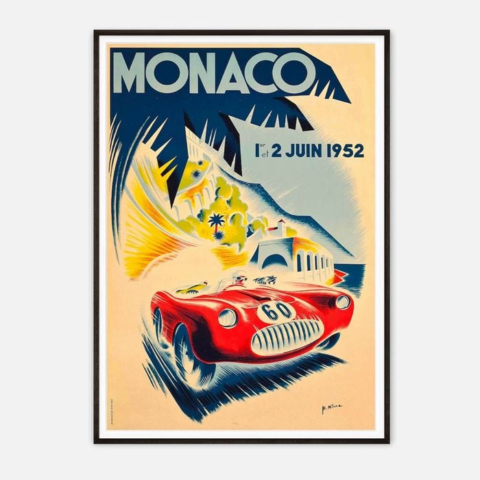 Galrie Vintage 1952 Monaco Grand Prix Art Print by Bernard Minne - Classic Racing Poster, Black Frame, 50 x 70cm (20 x 28inch)