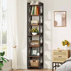 OAKORY 7-Tier 200cm Extra Tall Narrow Bookshelf with Black Metal Frame