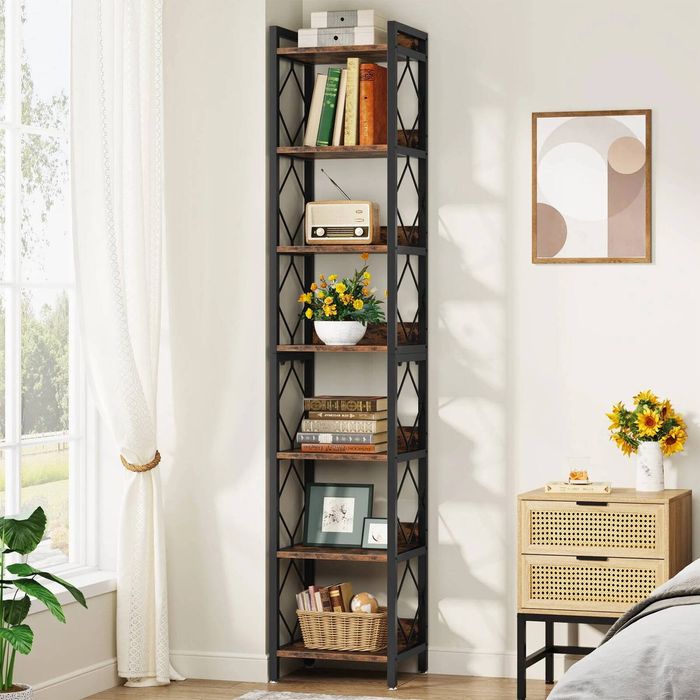 OAKORY 7-Tier 200cm Extra Tall Narrow Bookshelf with Black Metal Frame