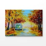 Car in The Autumn Forest Road Painting Print 100% Australian Made 90x60cm (Stretched Canvas)