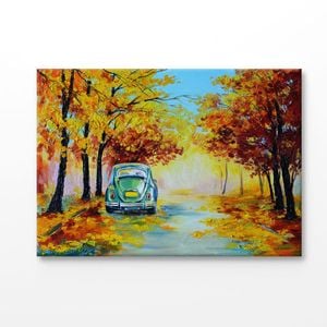 Car in The Autumn Forest Road Painting Print 100% Australian Made 90x60cm (Stretched Canvas)