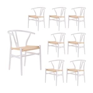 Ark Wishbone 8pc Set Dining Chair Replica Hans Wenger Beech Timber Wood White