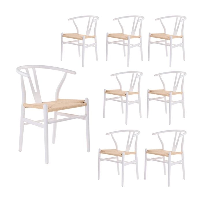 Ark Wishbone 8pc Set Dining Chair Replica Hans Wenger Beech Timber Wood White