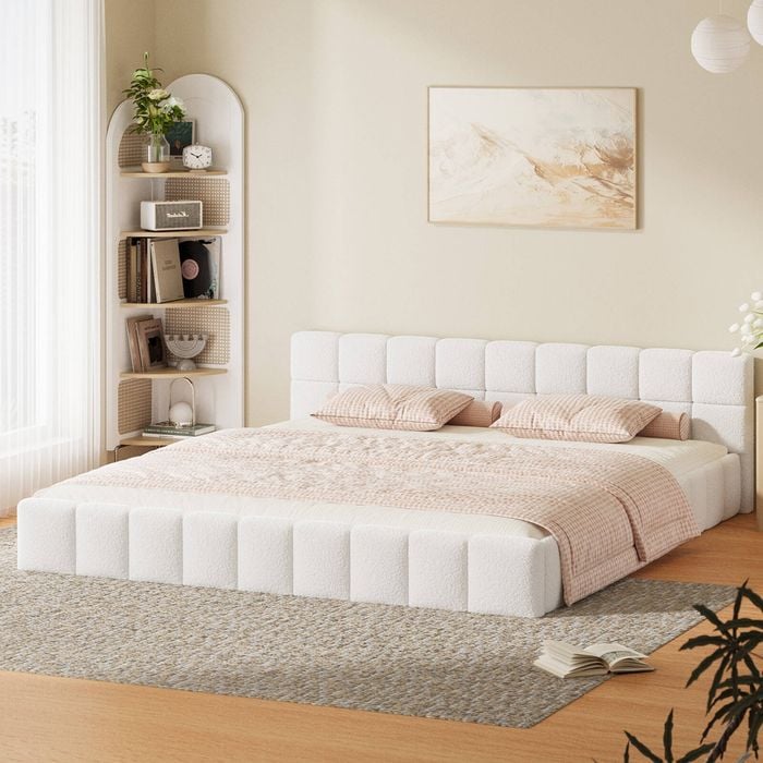 Oikiture Bed Frame King Size Tufted Headboard White Boucle