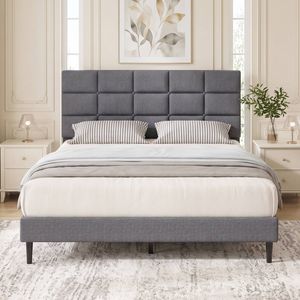 Advwin Double Linen Upholstered Bed with Adjustable Headboard Grey