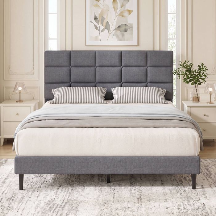 Advwin Double Linen Upholstered Bed with Adjustable Headboard Grey