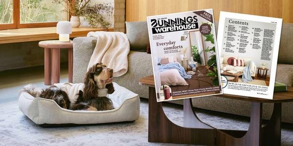 Living room interior with a dog lying on a cushion near a sofa and coffee table, alongside the May/June Bunnings Warehouse magazine and contents spread.