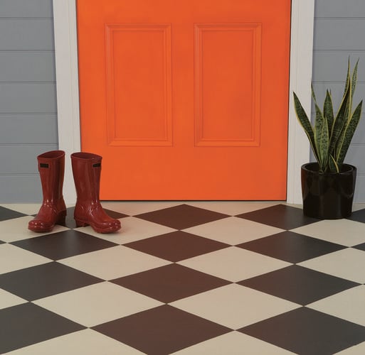 Diner-style checkerboard tiles leading to an orange door with a pot plant and pair of boots