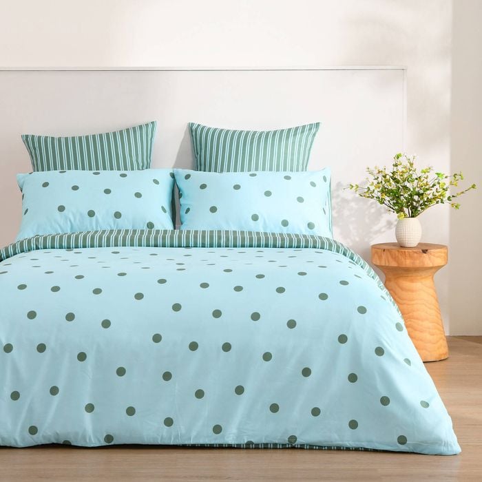 Dreamaker Pippa Polka Dot & Stripe Reversible Quilt Cover Set Sky/Green King Bed