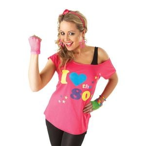 1980s I Love The 80’s Women’s Halloween Costume Top with Printed Stars and Message – Pink Colour, Medium