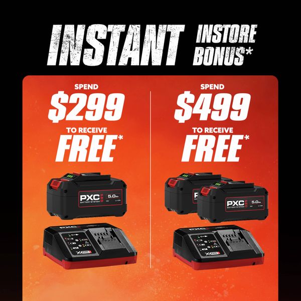Einhell instant in-store bonus offer with two redemption tiers. Spend $299 to receive a free PXC 18V 5.0Ah battery and charger, or spend $499 to receive two free PXC 18V 5.0Ah batteries and a charger. Product images of the battery and charger are displayed below each offer. Terms and conditions apply.