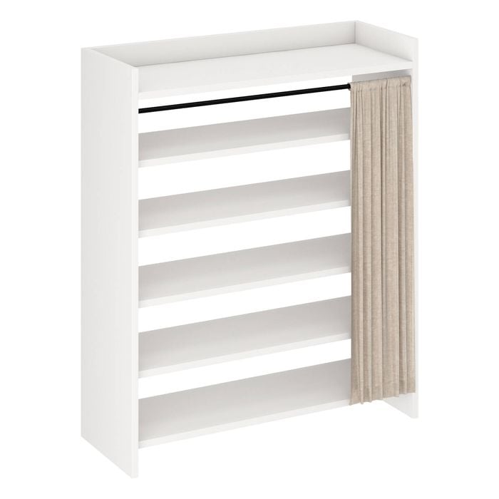 Ufurniture Wood Shoe Cabinet with Hanging Curtains Freestanding Shoe Rack Cabinet with 3-Level Adjustable Open Shelves