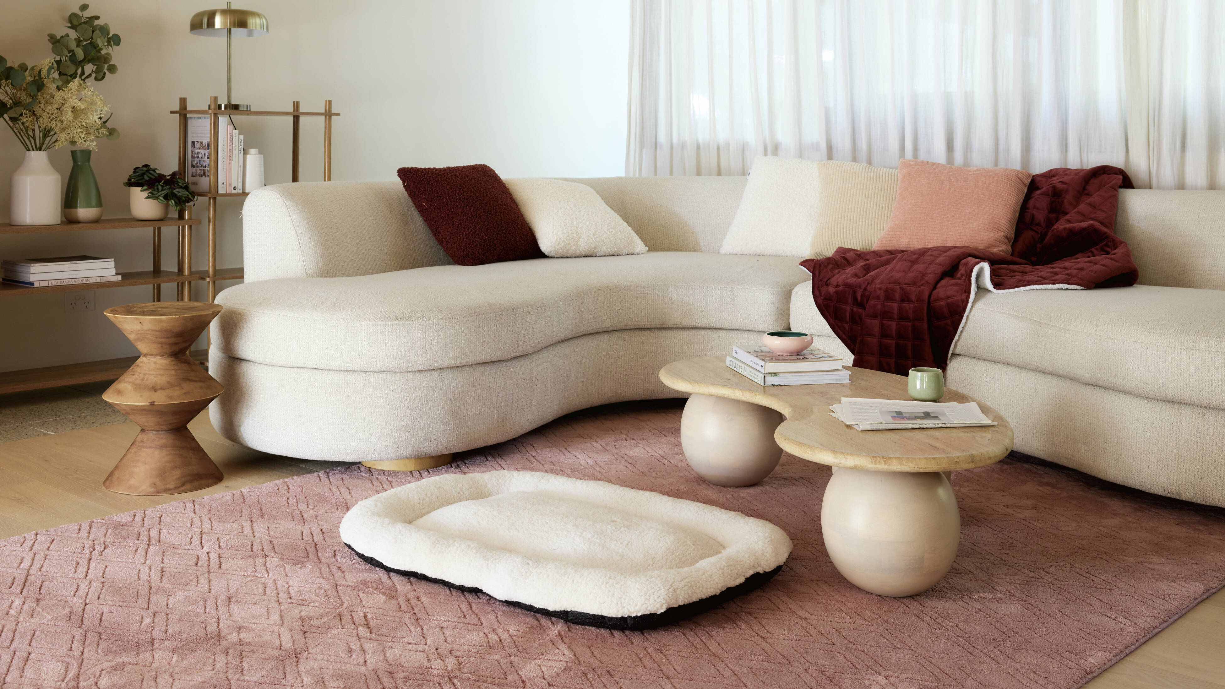A modern furnished lounge room, with a couch, coffee table, dog bed on a rug on the floor and 2 shelving units next to the wall in it.