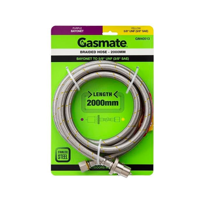 Gasmate Braided Hose - 2000mm - Bayonet to 5/8" UNF (3/8" SAE)