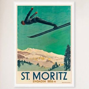 Galrie Vintage Aerial Ski Poster of St. Moritz in Engadin, Switzerland Artwork, White Frame, 70 x 100cm (28 x 40inch)